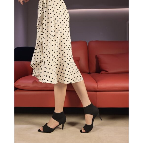 Sicare Peep Toe Heels Black Faux Leather Women Wide Stretchy Knit Heel Sandal - Picture 9 of 12